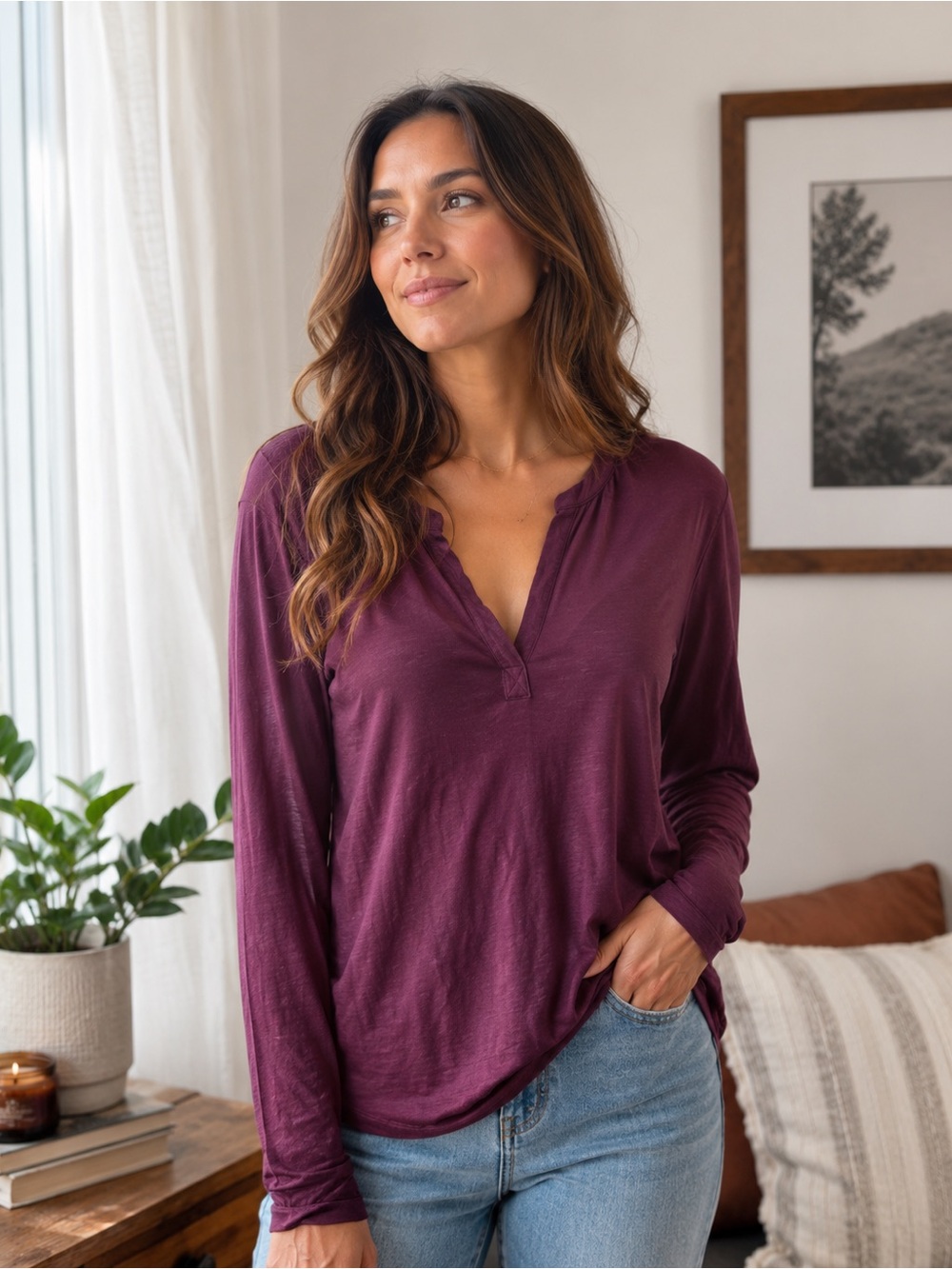 Velvet Graham & Spencer Purple Vintage Slub Henley Top XS NWT